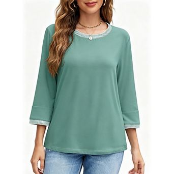Women's Striped Ribbed Crew Neck 3/4 Long Sleeve Shirt Summer Fall Loose Top Solid Casual Blouse