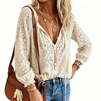 Women's Floral Lace V Neck Tie Front Puff Long Sleeve Shirt Summer Fall Loose Boho Top Casual Blouse