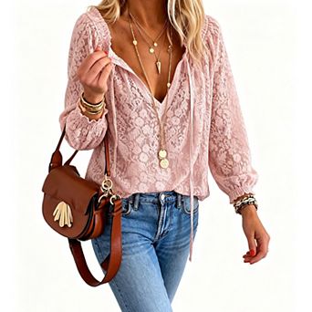 Women's Floral Lace V Neck Tie Front Puff Long Sleeve Shirt Summer Fall Loose Boho Top Casual Blouse
