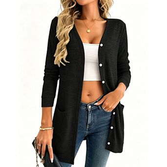 Women's V Neck Button Front Long Sleeve Cardigan Loose Summer Fall Casual Coat Shirt with Pockets