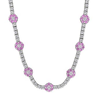 Stella Grace Sterling Silver Lab-Created Pink & White Sapphire Flower Station Necklace