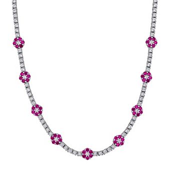 Stella Grace Sterling Silver Lab-Created Ruby & Lab-Created White Sapphire Flower Station Necklace