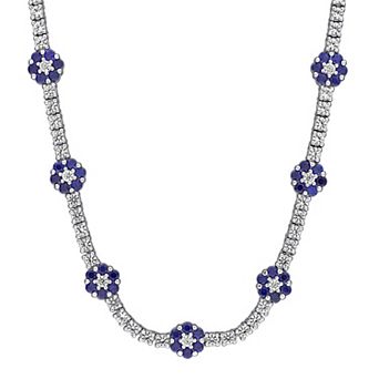 Stella Grace Sterling Silver Lab-Created Blue & White Sapphire Flower Station Necklace