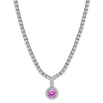 Stella Grace Sterling Silver Lab-Created Gemstone Halo Tennis Drop Necklace