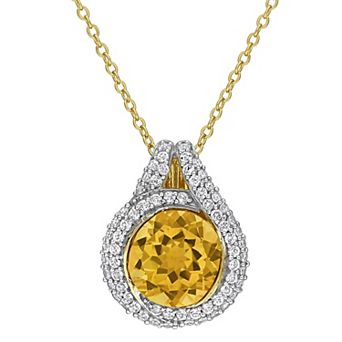 Stella Grace 18k Gold Flash Plated Citrine & White Topaz Halo Drop Pendant Necklace