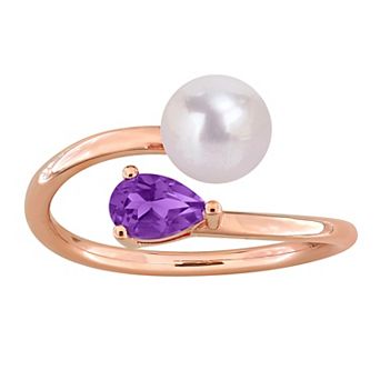 Stella Grace 18k Rose Gold Flash Plated Freshwater Cultured Pearl & Amethyst Bypass Ring