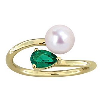 Stella Grace 18k Gold Flash Plated Freshwater Cultured Pearl & Lab-Created Emerald Bypass Ring