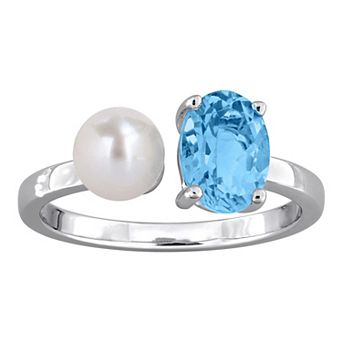 Stella Grace Sterling Silver Sky Blue Topaz & Freshwater Cultured Pearl Open Ring