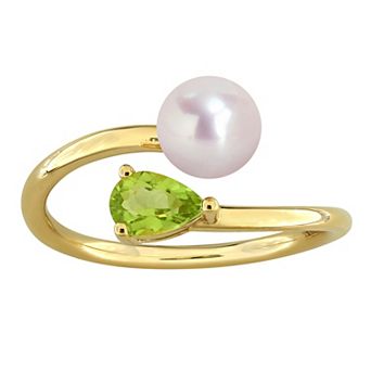 Stella Grace 18k Gold Flash Plated Freshwater Cultured Pearl & Peridot Bypass Ring