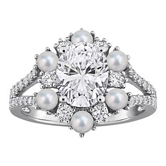 Stella Grace Sterling Silver Lab-Created Moissanite & Cultured Pearl Floral Split Ring