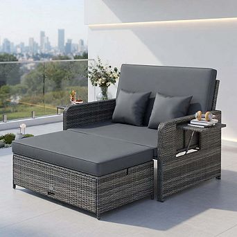 Gray All Weather PE Rattan Loveseat Patio Set with Ottoman & Retractable Side Tray