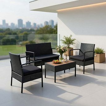 4 pc PE Rattan Patio Conversation Set with Storage Shelf Coffee Table & Soft Cushions