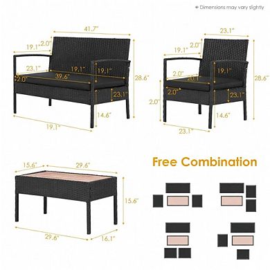 4 Piece PE Rattan Patio Conversation Set with Storage Shelf Coffee Table & Soft Cushions