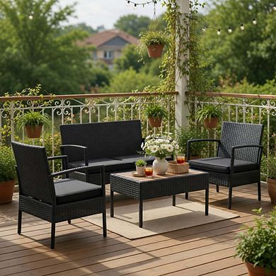 4 Piece PE Rattan Patio Conversation Set with Storage Shelf Coffee Table & Soft Cushions
