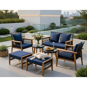 7 pc Navy Acacia Wood Frame Patio Conversation Set with Thick Seat & Back Cushions