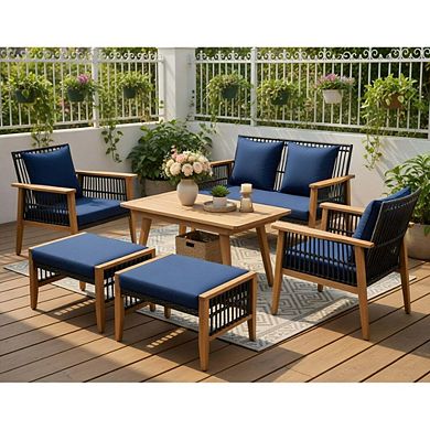 7 Piece Navy Acacia Wood Frame Patio Conversation Set with Thick Seat & Back Cushions