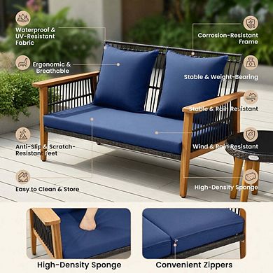 7 Piece Navy Acacia Wood Frame Patio Conversation Set with Thick Seat & Back Cushions