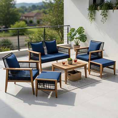 7 Piece Navy Acacia Wood Frame Patio Conversation Set with Thick Seat & Back Cushions