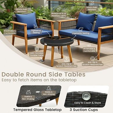 7 Piece Navy Acacia Wood Frame Patio Conversation Set with Thick Seat & Back Cushions