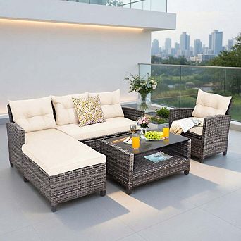 4 pc Off White All Weather PE Rattan Sectional Set with Cushions & Storage Shelf Table
