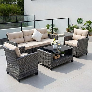 4 Piece Off White All Weather PE Rattan Sectional Set with Cushions & Storage Shelf Table