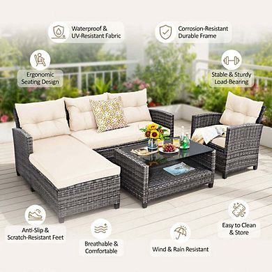 4 Piece Off White All Weather PE Rattan Sectional Set with Cushions & Storage Shelf Table