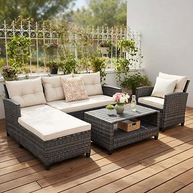 4 Piece Off White All Weather PE Rattan Sectional Set with Cushions & Storage Shelf Table