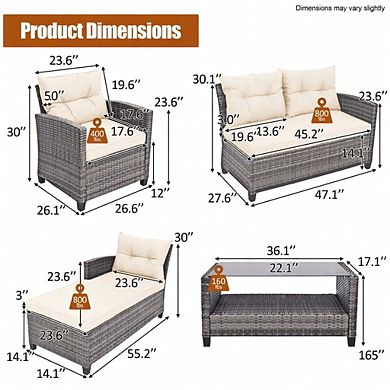 4 Piece Off White All Weather PE Rattan Sectional Set with Cushions & Storage Shelf Table