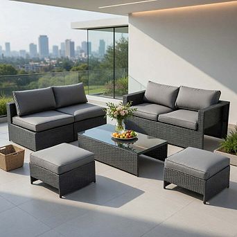 6 pc Gray All Weather PE Rattan Sectional Patio Set with Glass Table & Cushioned Seats