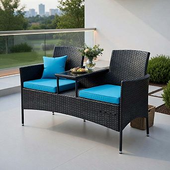 Turquoise PE Rattan Patio Conversation Set with Removable Cushions & Glass Side Table