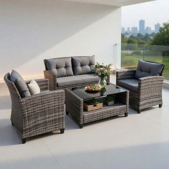 4 pc All Weather Wicker Rattan Patio Conversation Set with Tempered Glass Top Table