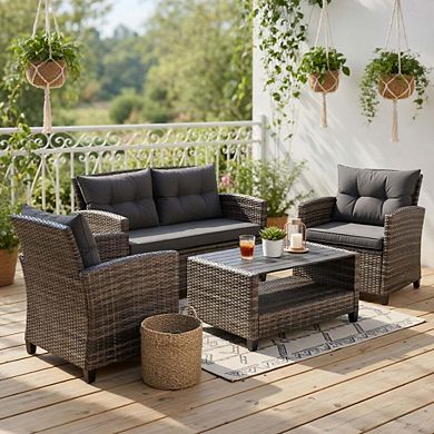 4 Piece All Weather Wicker Rattan Patio Conversation Set with Tempered Glass Top Table