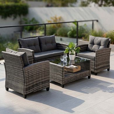 4 Piece All Weather Wicker Rattan Patio Conversation Set with Tempered Glass Top Table