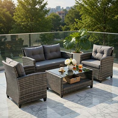 4 Piece All Weather Wicker Rattan Patio Conversation Set with Tempered Glass Top Table