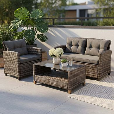 4 Piece All Weather Wicker Rattan Patio Conversation Set with Tempered Glass Top Table