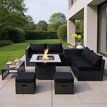 9 pc Black Outdoor Wicker Sectional Set with 35 Inch Gas Fire Pit Table for Back Deck