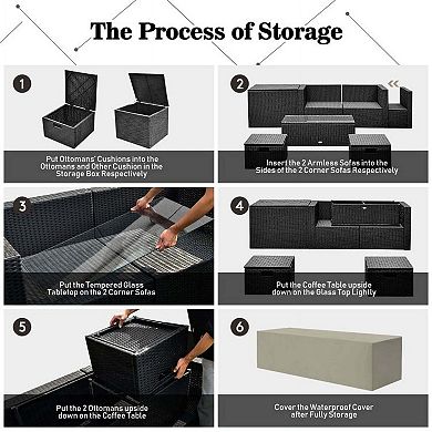 9 Pieces Black Outdoor Wicker Sectional Set with 35 Inch Gas Fire Pit Table for Back Deck