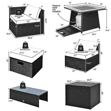 9 Pieces Black Outdoor Wicker Sectional Set with 35 Inch Gas Fire Pit Table for Back Deck