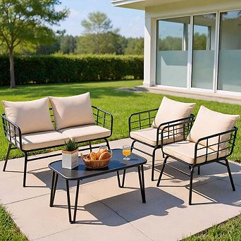 4 pc Beige Small Patio Conversation Set with Thick Seat and Back Cushions for Garden