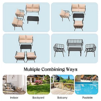 4 Pieces Beige Small Patio Conversation Set with Thick Seat and Back Cushions for Garden