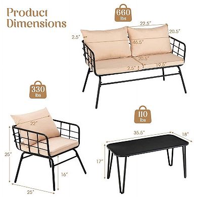 4 Pieces Beige Small Patio Conversation Set with Thick Seat and Back Cushions for Garden