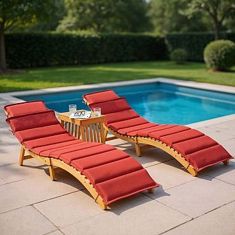 3 pc Outdoor Acacia Wood Foldable Chaise Lounge Set with Matching Table