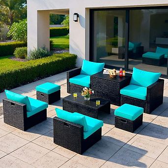 8 pc Turquoise Rattan Patio Furniture Set with Built-in Storage Table for Outdoor Deck