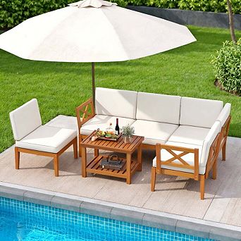 6 pc White Acacia Wood Patio Furniture Set with Cushions and 2 tier Coffee Table