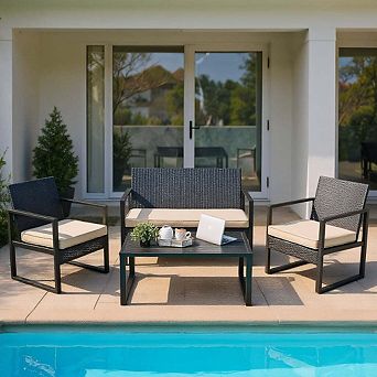 4 pc Rattan Patio Bistro Conversation Set with Soft Seat Cushions and Coffee Table