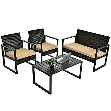 4 Pieces Rattan Patio Bistro Conversation Set with Soft Seat Cushions and Coffee Table