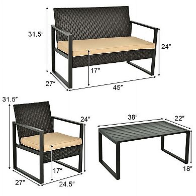 4 Pieces Rattan Patio Bistro Conversation Set with Soft Seat Cushions and Coffee Table