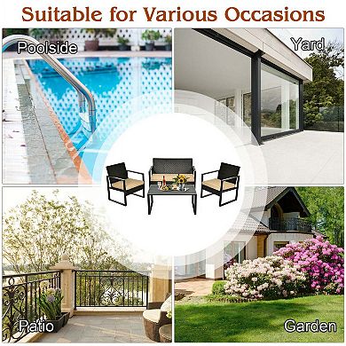 4 Pieces Rattan Patio Bistro Conversation Set with Soft Seat Cushions and Coffee Table