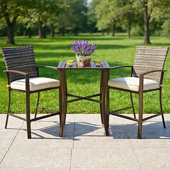 3 pc Brown Rattan Bar Dining Set with Slat Table and 2 Cushioned Stools