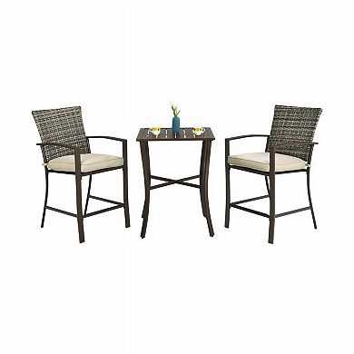 3 Pieces Brown Rattan Bar Dining Set with Slat Table and 2 Cushioned Stools